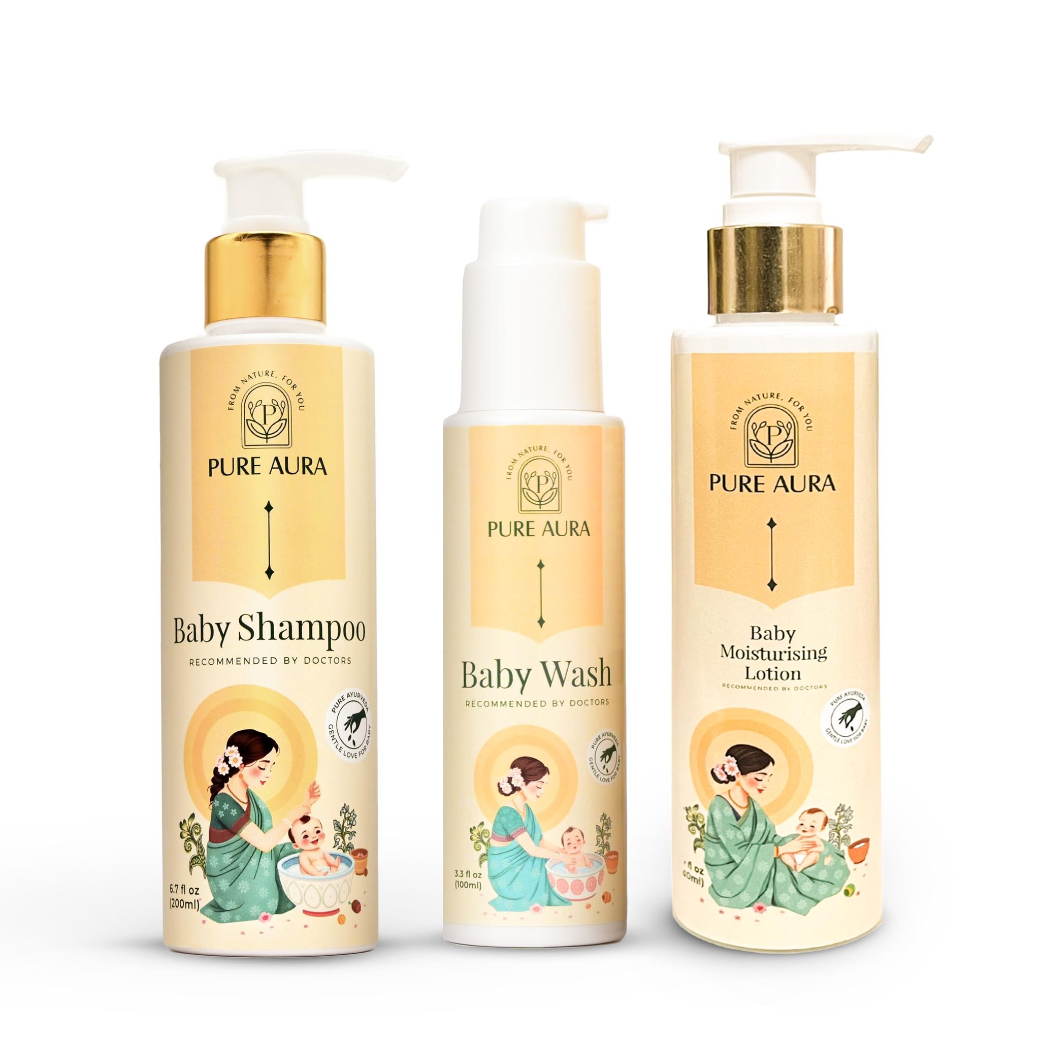 Pure Aura Baby’s Pure Comfort Set | Doctor-Recommended Ayurvedic Baby Shampoo, Baby Wash & Moisturising Lotion | Tear-Free Formula for Newborns & Sensitive Skin
