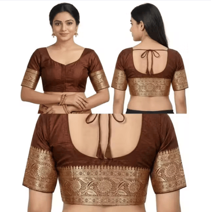 Benarasi Silk Blend Brocade Short Sleeve Saree Blouse with Tie-Up Back for Women