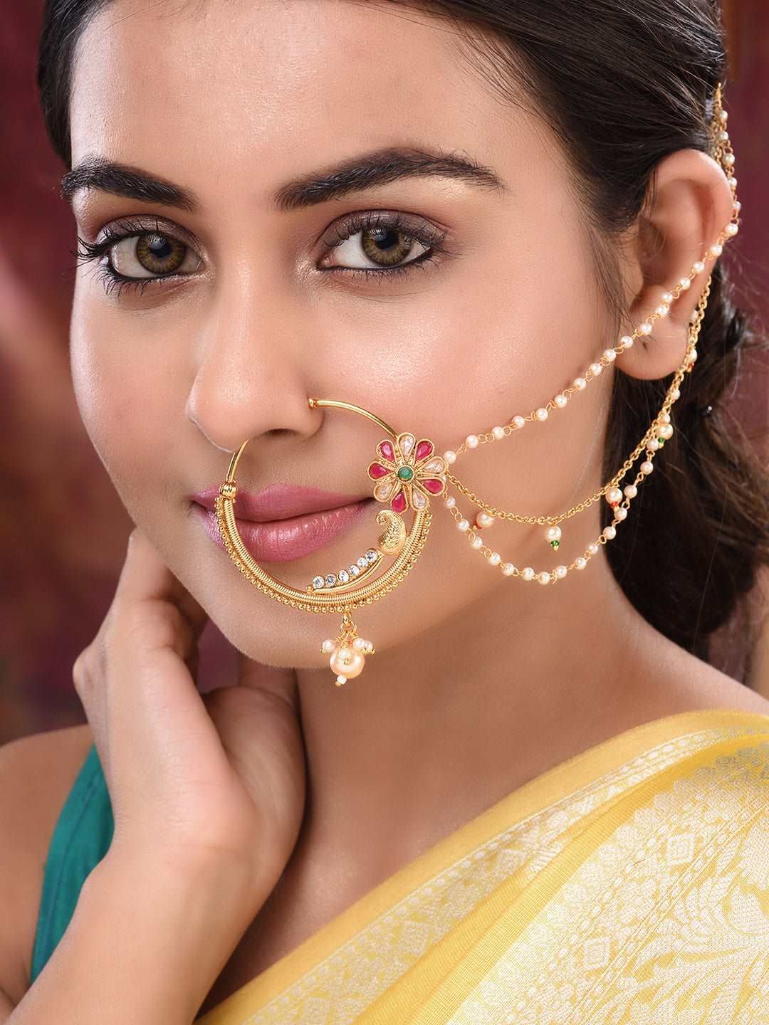 Gold Plated Red & White Pearl Beaded &Studded Bridal Nose Ring
