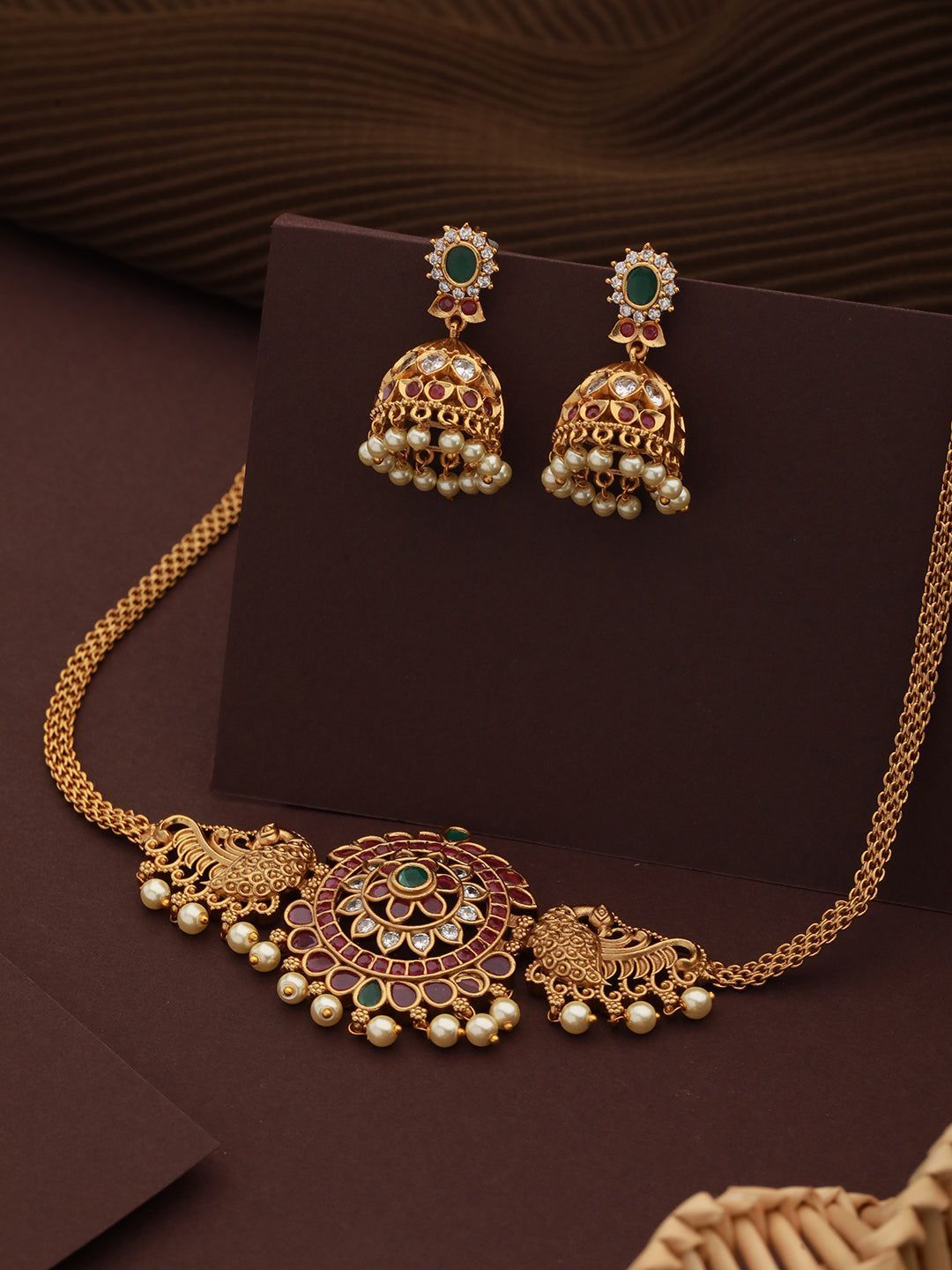 Gold Plated CZ Studded Floral Peacock Choker Jewellery Set
