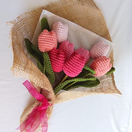 8pcs Artificial Crochet Flower Bouquet/Artificial Flowers Bunch/Crochet Flowers Bouquet/Crochet Flowers/Flowers Bouquet Gift for Girls Home Decor,Gifting,etc. (Multi Color Tulips Bouquet)