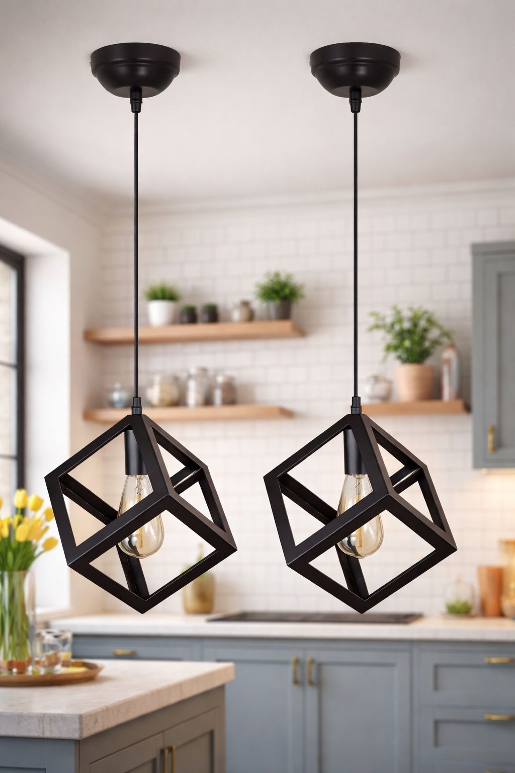 SPARKWORLD (Pack of 2) Geometric Cube Pendant Lights Black Industrial Hanging Lamps, E27 Base (Bulbs Not Included) | Size: 24X27 cm | Colour: Cube (Pack of 2)
