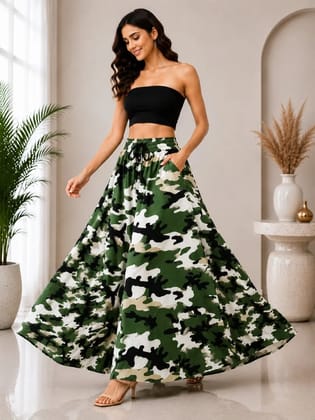Women's Smocked Military Camo Palazzo | Free Size 28 to 42 | Flared Green Pants