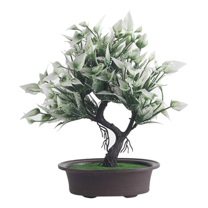 FOLIYAJ Artificial Y Shape Bonsai Tree with Greenish White Leaves|Bonsai Tree|Artificial Flower|with Pot|Home D�cor for Living Room Home Office Shop|House|Gift|Decoration