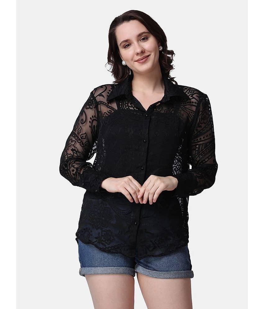 POPWINGS Women Printed Satin Shirt ( Black )