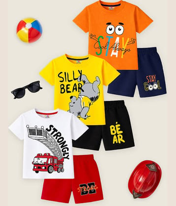 Kuchipoo Boys Cotton Blend T-Shirt & Shorts Set ( Multicolor , Pack of 3 )