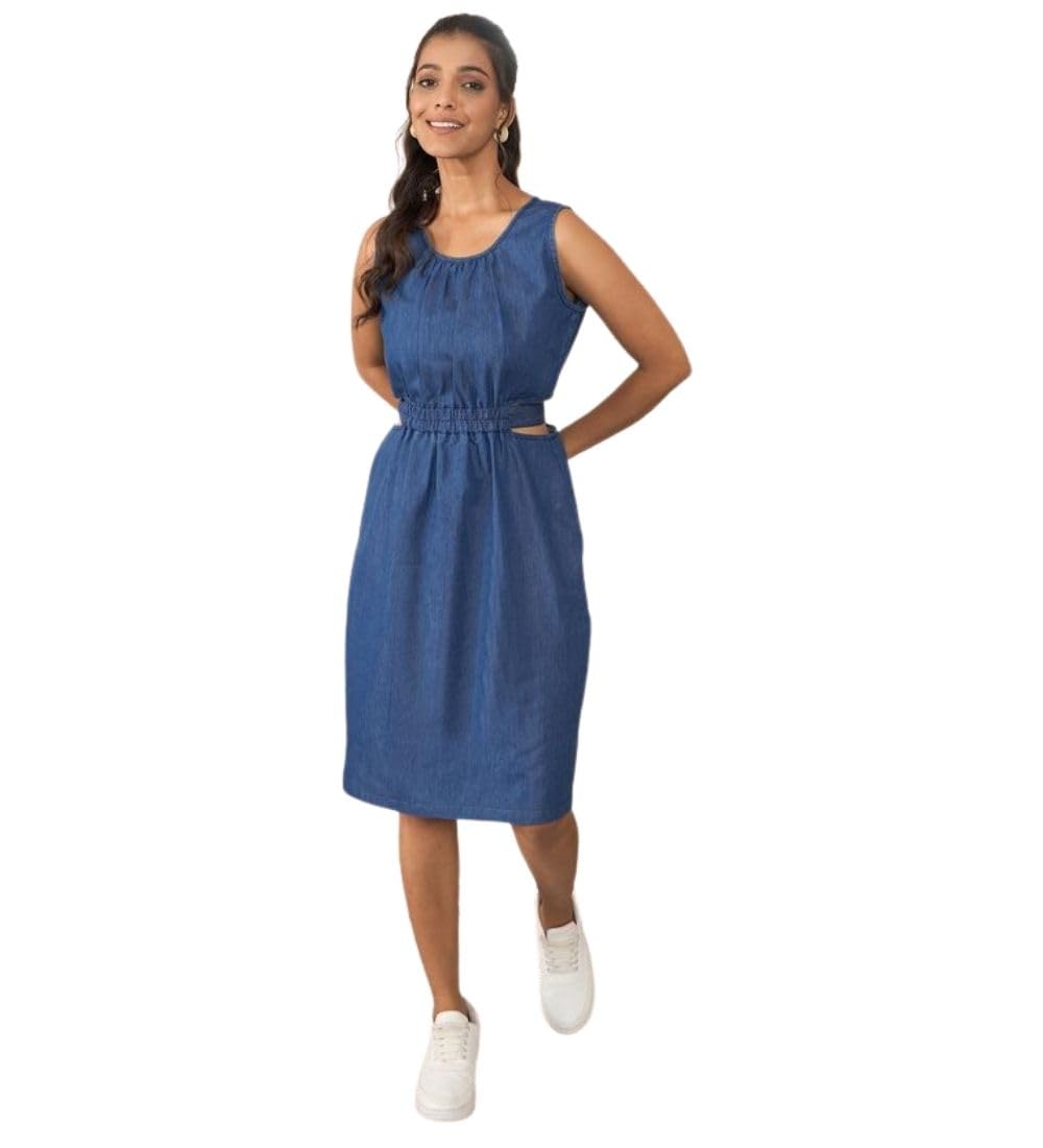 Women's Denim Solid Sleeveless Dress (Blue, M)-PID65380