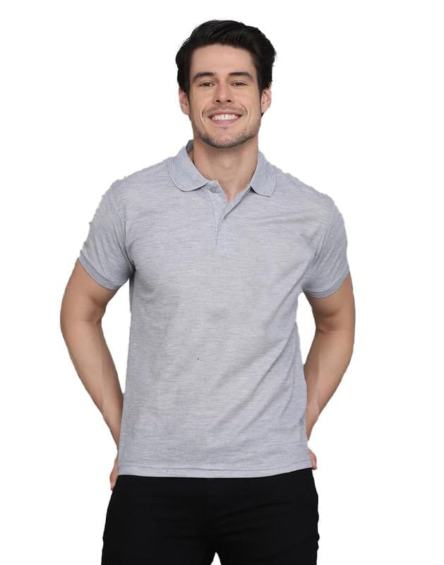 Men's Casual Half Sleeve Solid Cotton Blended Polo Neck T-Shirt (Grey, L)-PID47122