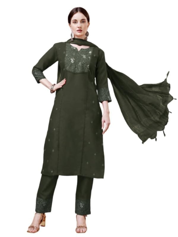 Women's Casual 3-4 th Sleeve Embroidery Cotton Kurti Pant Dupatta Set (Dark Green, S)-PID50219