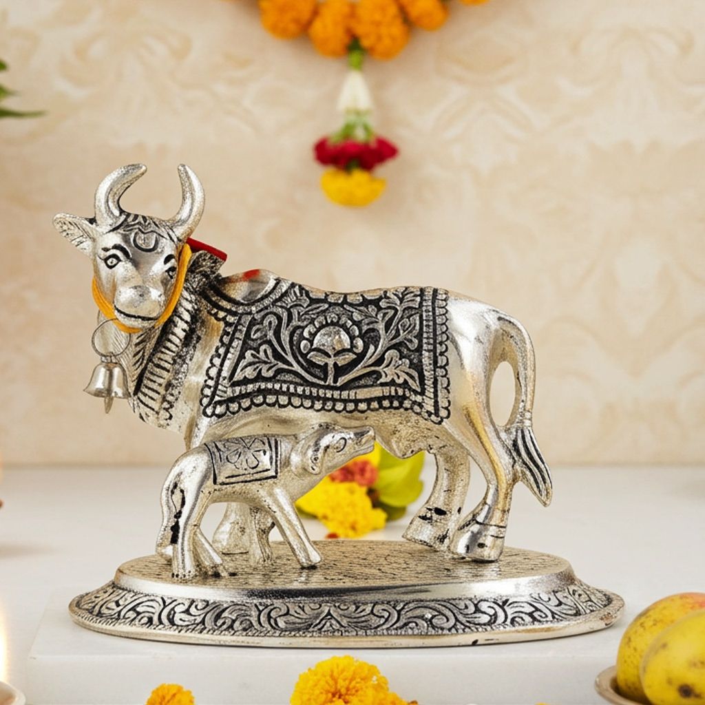 Aluminium Cow Idol � Handcrafted Decorative Statue, Height : 4.4 Inch (ASMAS073 S)