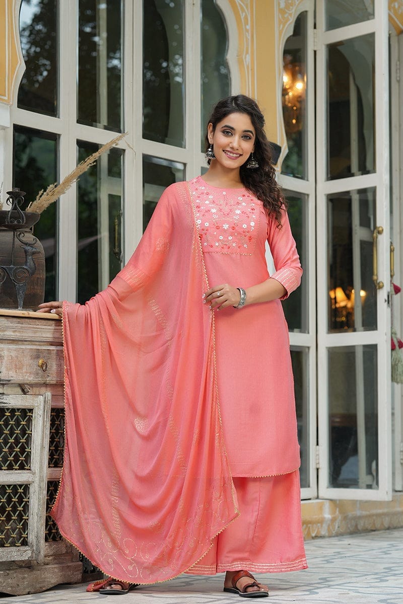 Peach Cotton Yoke Design Suit Set VKSKD1221