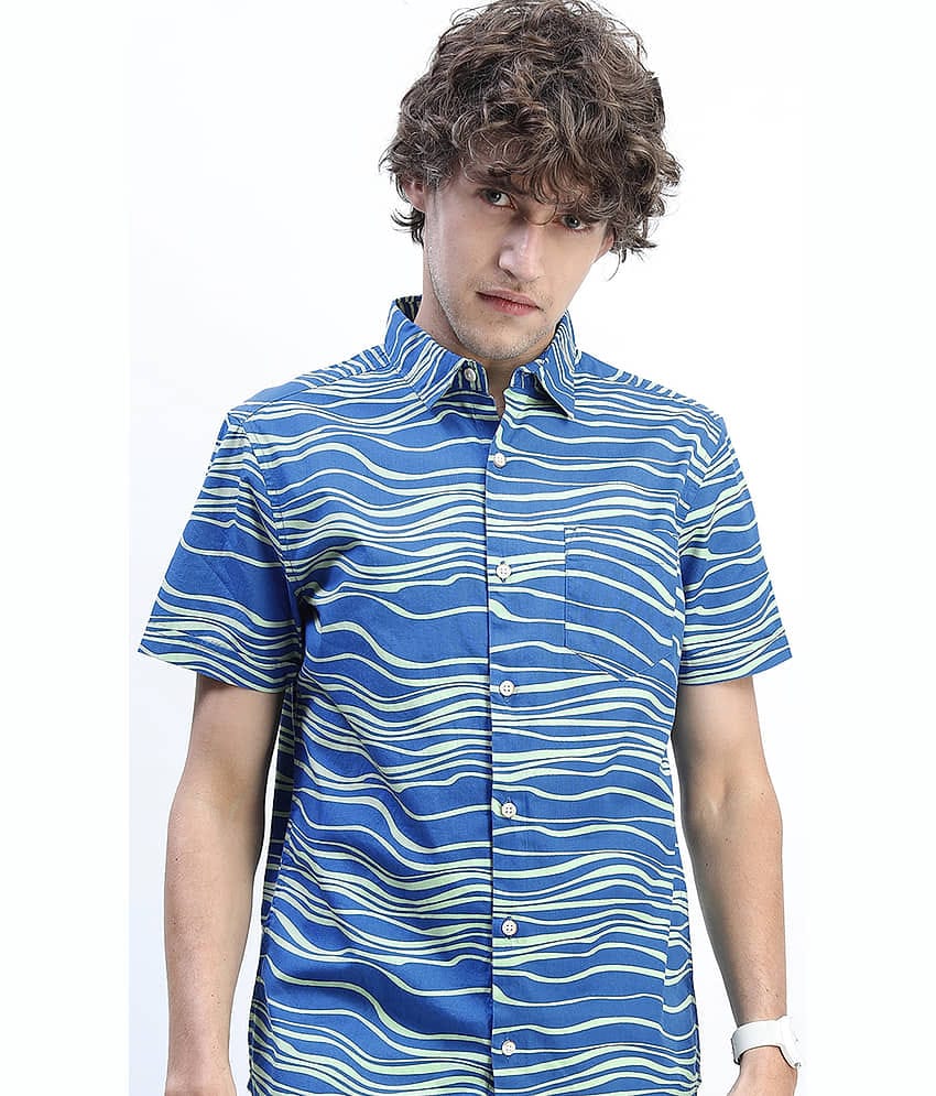 Highlander 100% Cotton Slim Fit Printed Half Sleeves Men's Casual Shirt - Blue ( Pack of 1 )