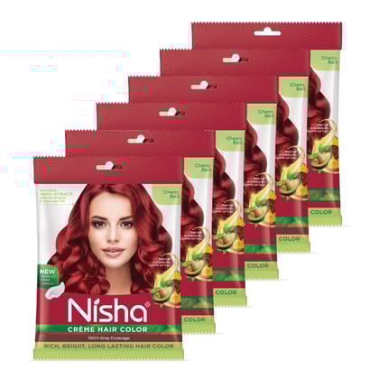 Nisha Creme Hair Color Cherry Red 40g Pack of 6, Permanent Hair Color for Women Men, 100% Grey Coverage