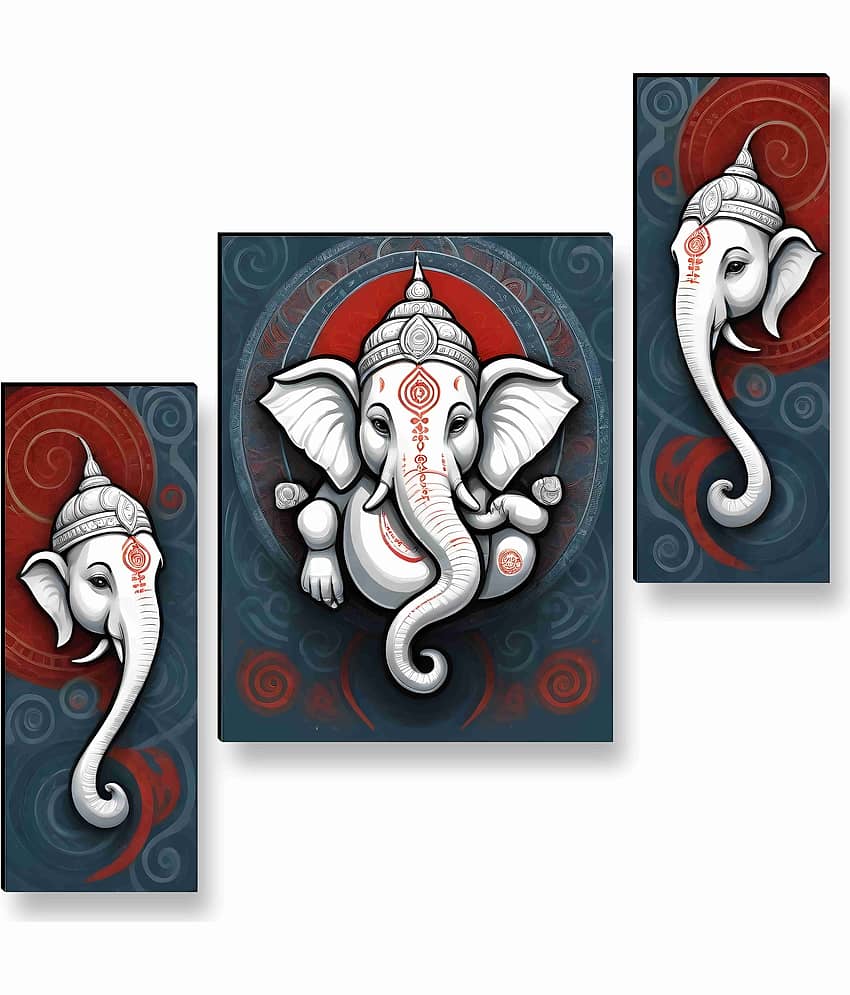 SAF Lord Ganesha 3 Panel Wall Art – Divine Ganesh God Painting with Modern Red-Blue Swirl Background for Home Temple & Living Room Décor 12 Inch x 20 Inch