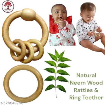 Traditional Neem Wood Baby Teether & Rattle  Perfect for Teething Relie