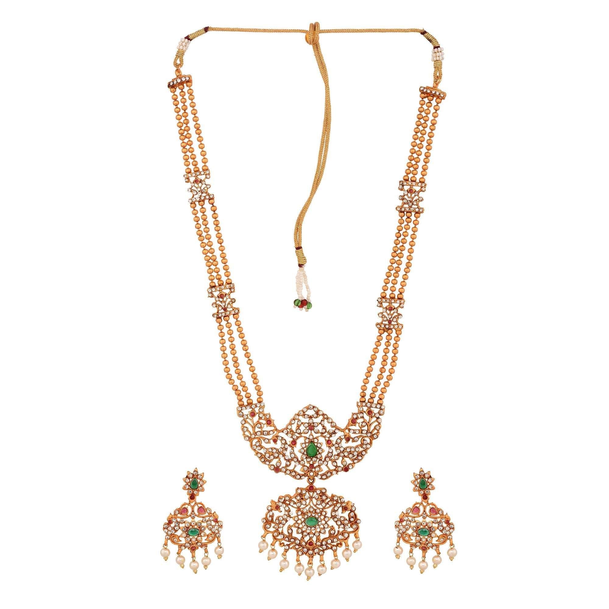 Gold Plated Green stone studded Pearl beaded Handcrafted Temple Jewellerey Set