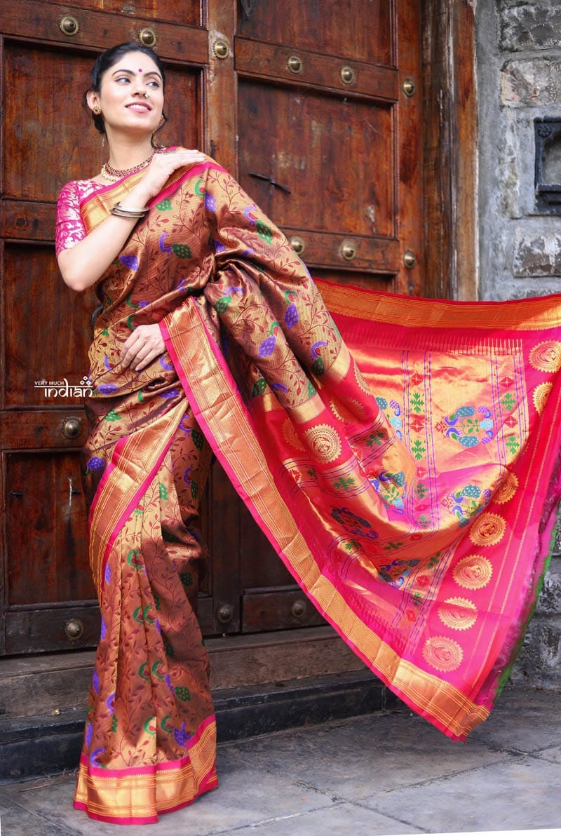 Utsaav ~ Pure Silk Handloom -Brocade Paithani in Mighty Gold with Red Border