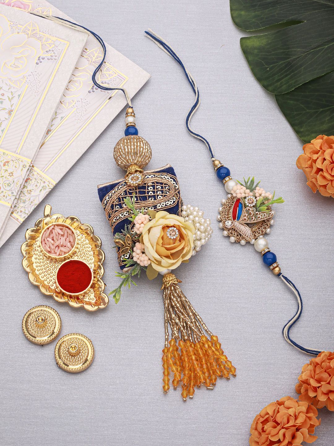 Set of 2 Kundan & Pearl Beaded Handcrafted Designer Rakhi Set For Bhaiya & Bhabhi with Roli Chawal Pooja Plate