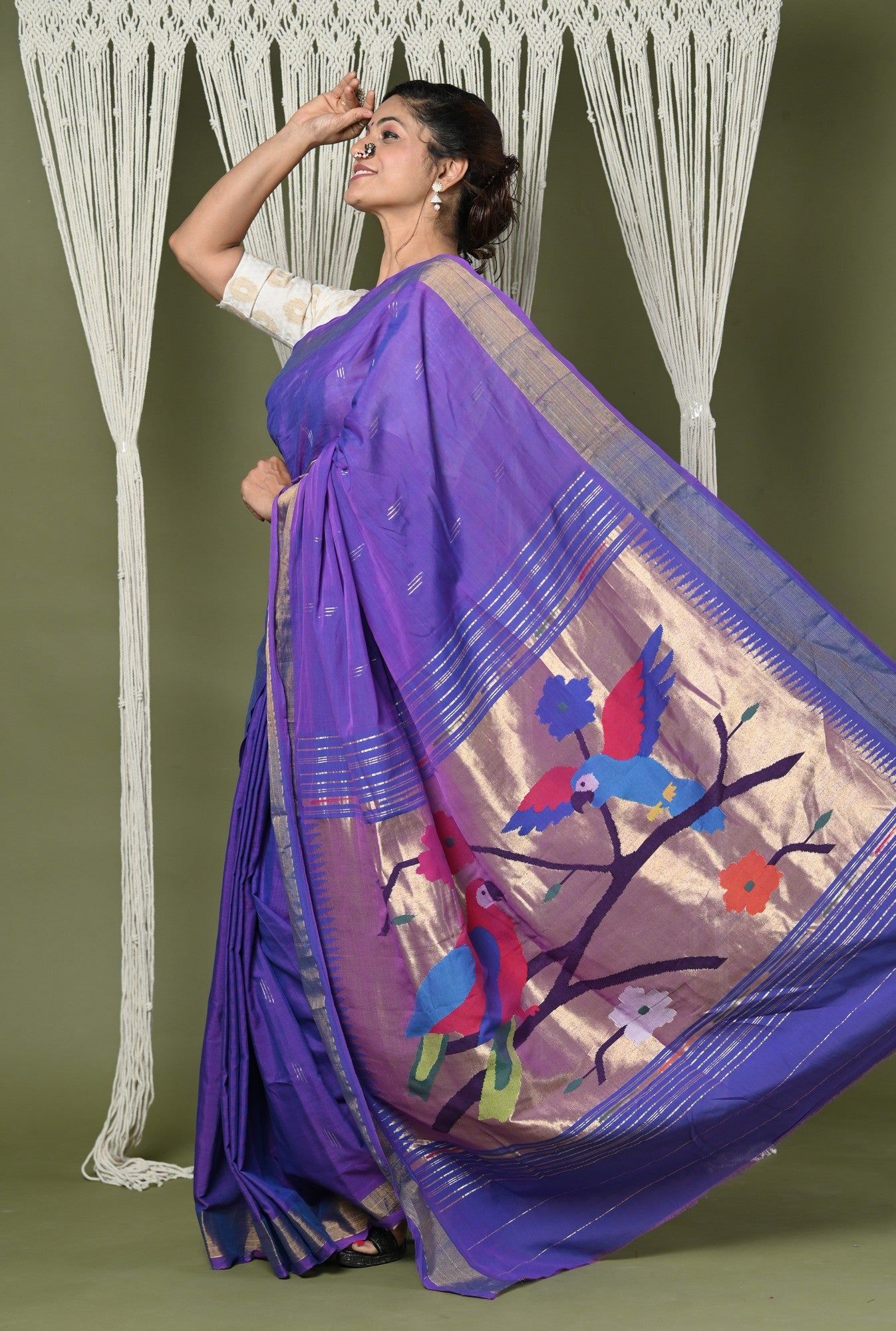 EXCLUSIVE! Handloom Pure Cotton Paithani With Parrot Pallu~Purple