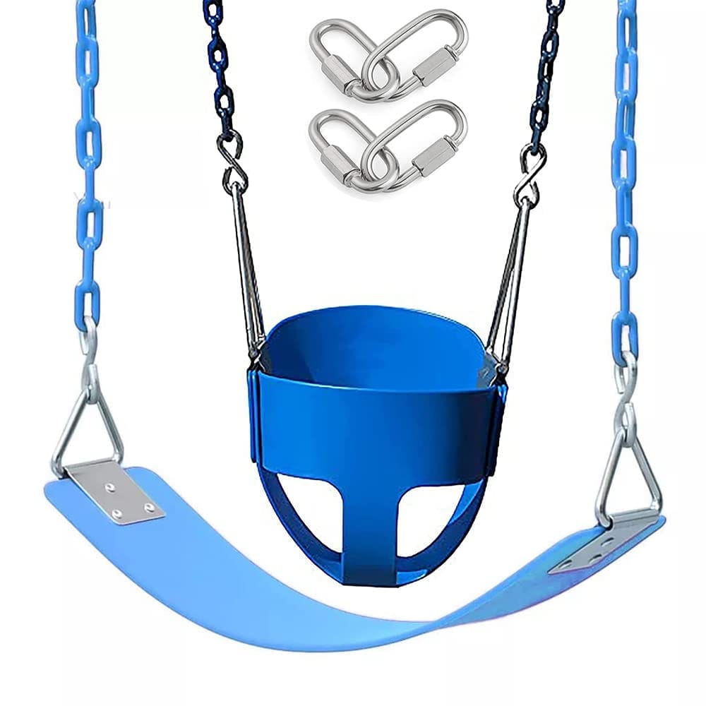 REZNOR High Back Full Swings Seats and Bucket Swing with 1.5 Meter Chain, Playground Swing Set Accessories, 4 Oval Shape Stainless Steel Screw Link Snap Hooks for Kids, Adults