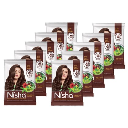 Nisha Henna Based Hair Color Dark Brown 10g Pack of 10, Ammonia Free Henna Powder Hair Colour Dye Brown Hair Color