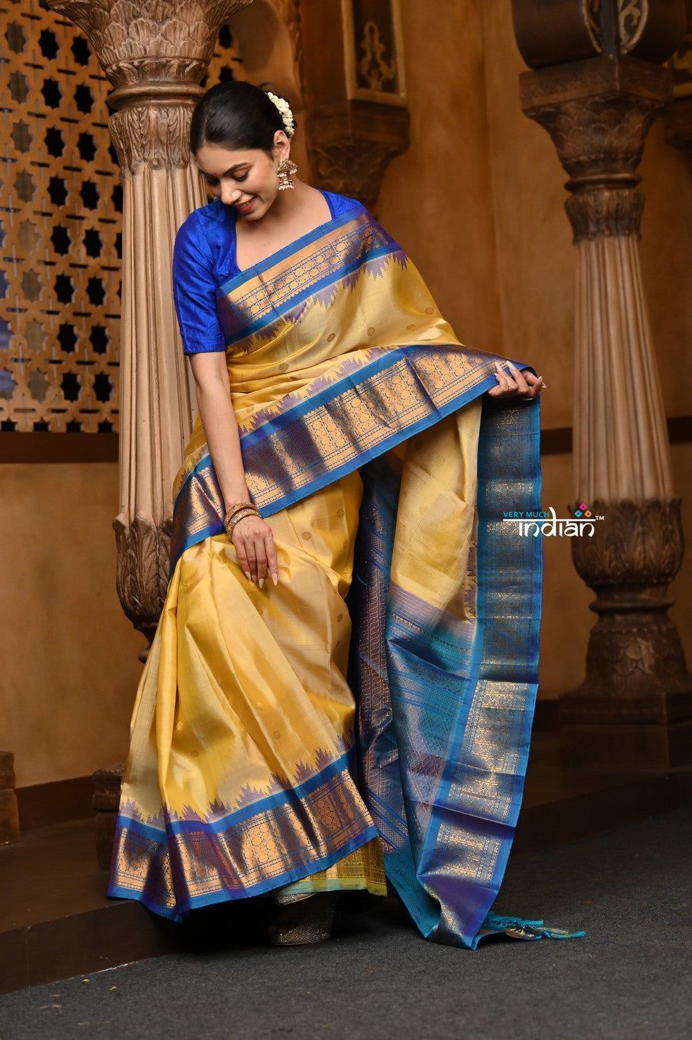 Parampara Revived ~ Gadwal Pure Silk Handloom Saree in Mustard Yellow with Blue Border