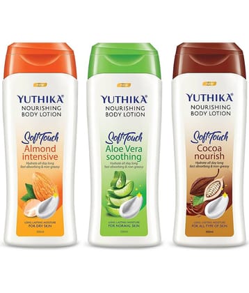 Yuthika Nourishing Body Lotion, Long Lasting, Non Greasy Bodylotion 100ml Pack of 3 (Almond, Aloe Vera & Cocoa Nourish)