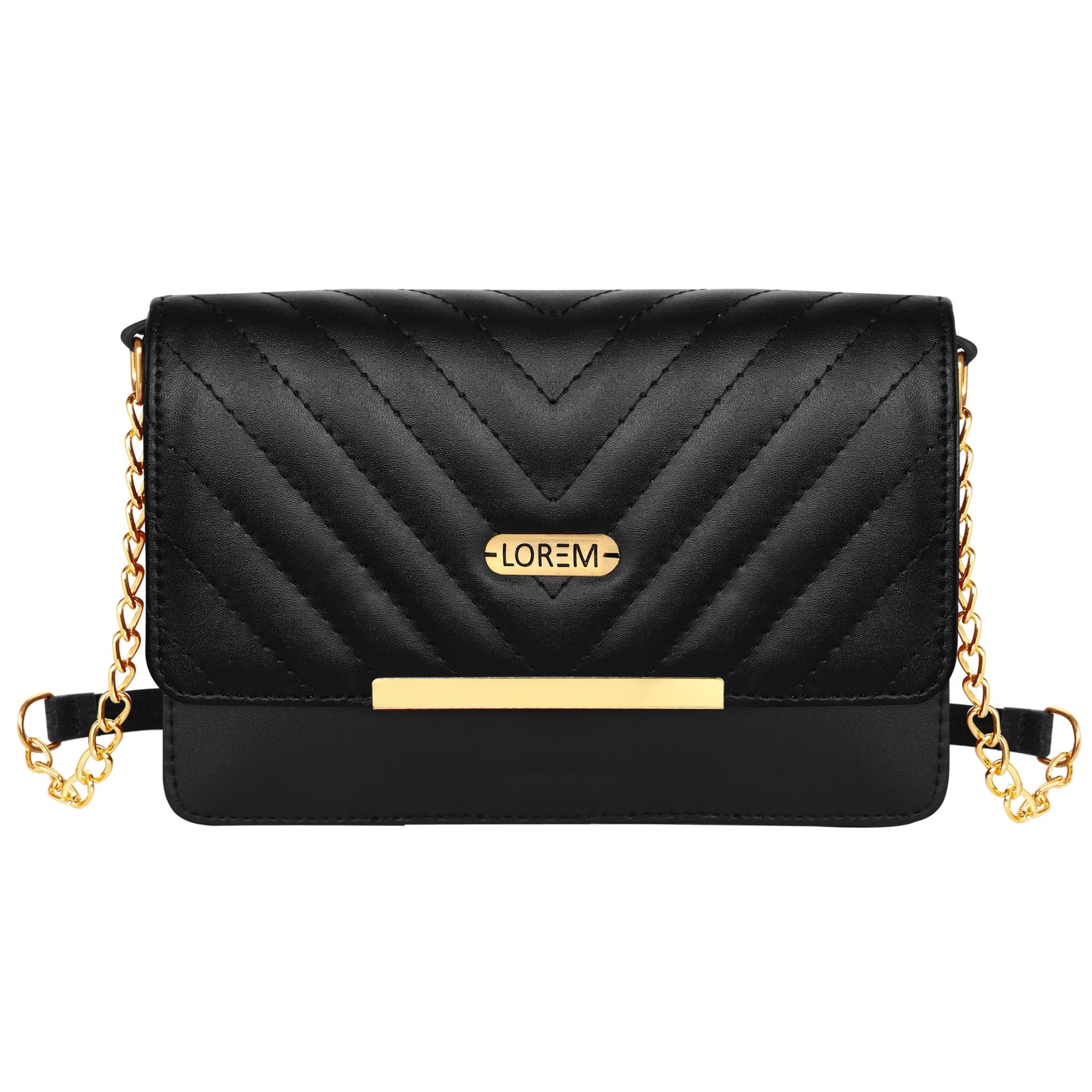 LOREM Quilted Crossbody Handbag, Faux Leather, Gold Chain Strap, Magnetic Lock