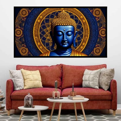 Luminary Mystic Aura – Sapphire Buddha Museum-Quality Cotton Canvas Art for Study or Meditation Décor | Frame Size (127 X 69 Cm) | Frame Type (Black) | 5-Year Warranty