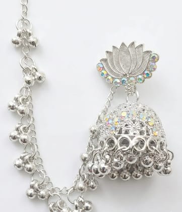 Vardaan Crystalx Earing with chain is a elegant silver, multi color tone jhumka and delicate ghunghru drops perfect for every women for traditional and all festivals Vardaan Crystalx Earing with chain is a elegant silver, multi color tone jhumka and delicate ghunghru drops perfect for every women for traditional and all festivals