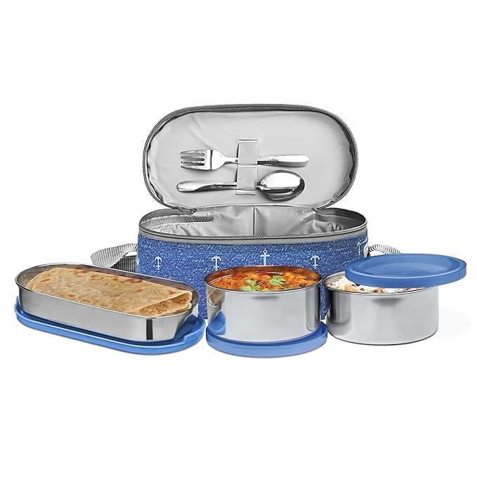 4 Piece Lunch Set with Bag, To Go Food Container, Stainless Steel, Blue_assorted colour