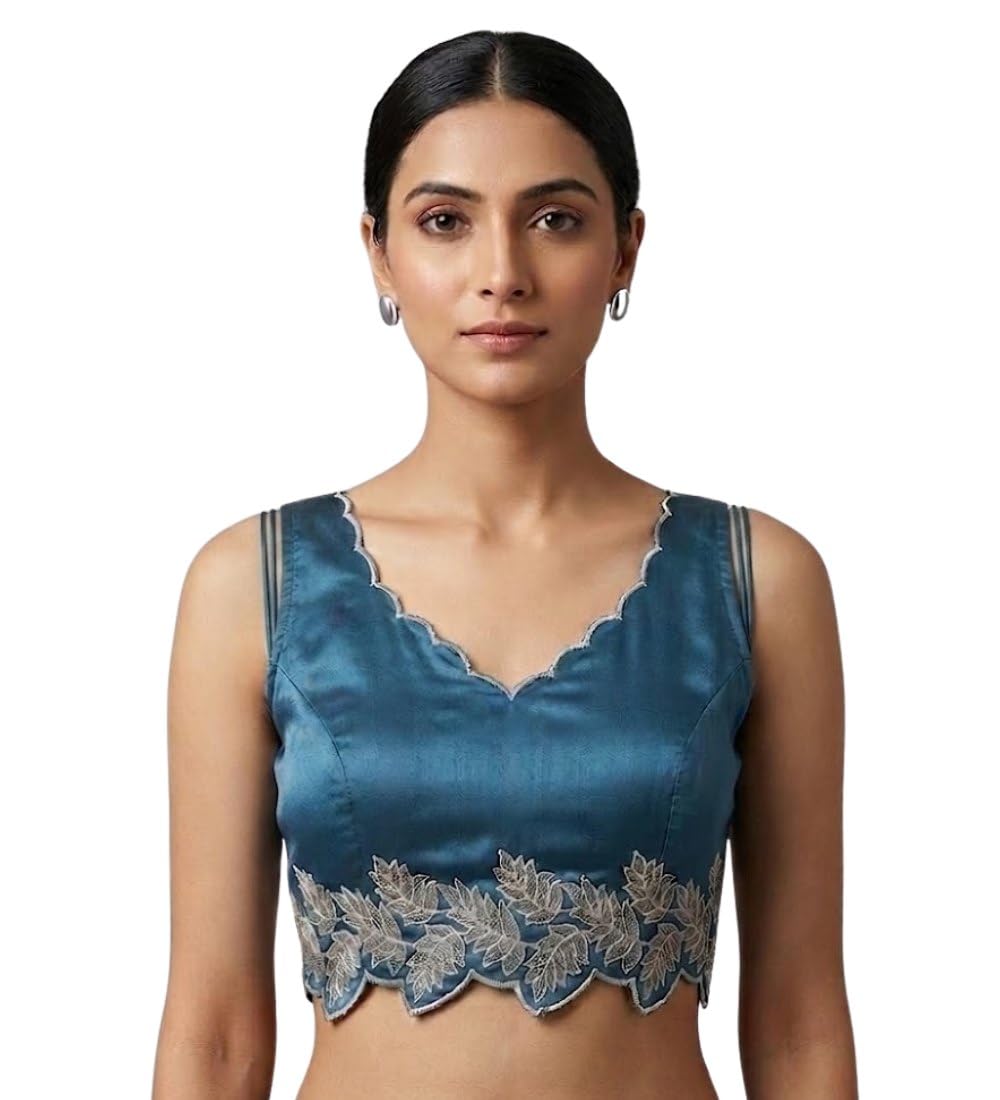Women's Silk Embroidered Sweetheart Neck Sleeveless Readymade Padded Blouse (Blue, Size 38)-PID66640
