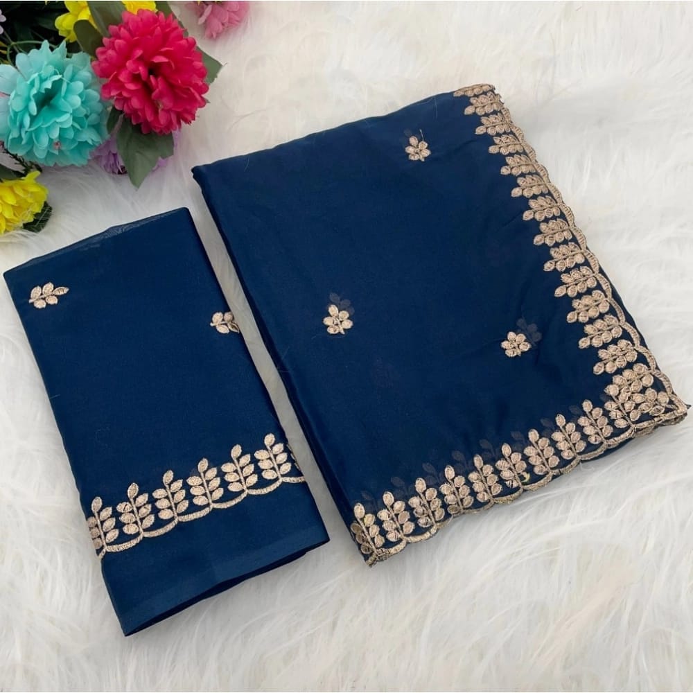 womens georgette embroidered saree with unstitched blouse 5mtr blue pid64676