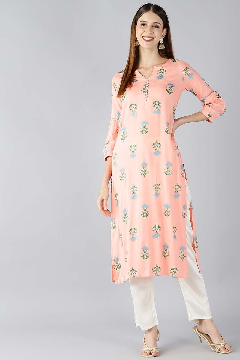 Women Peach Coloured & Blue Printed Straight Kurta VCK1666