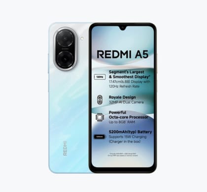 Redmi A5 Pondicherry Blue(3GB RAM 64GB Storage) | Royale Design | Segment's Largest 17.47cm(6.88) and Smoothest 120Hz Display | 5200mAh Large Battery | Expandable Storage up to 2TB Redmi A5 Pondicherry Blue(3GB RAM 64GB Storage) | Royale Design | Segment's Largest 17.47cm(6.88) and Smoothest 120Hz Display | 5200mAh Large Battery | Expandable Storage up to 2TB