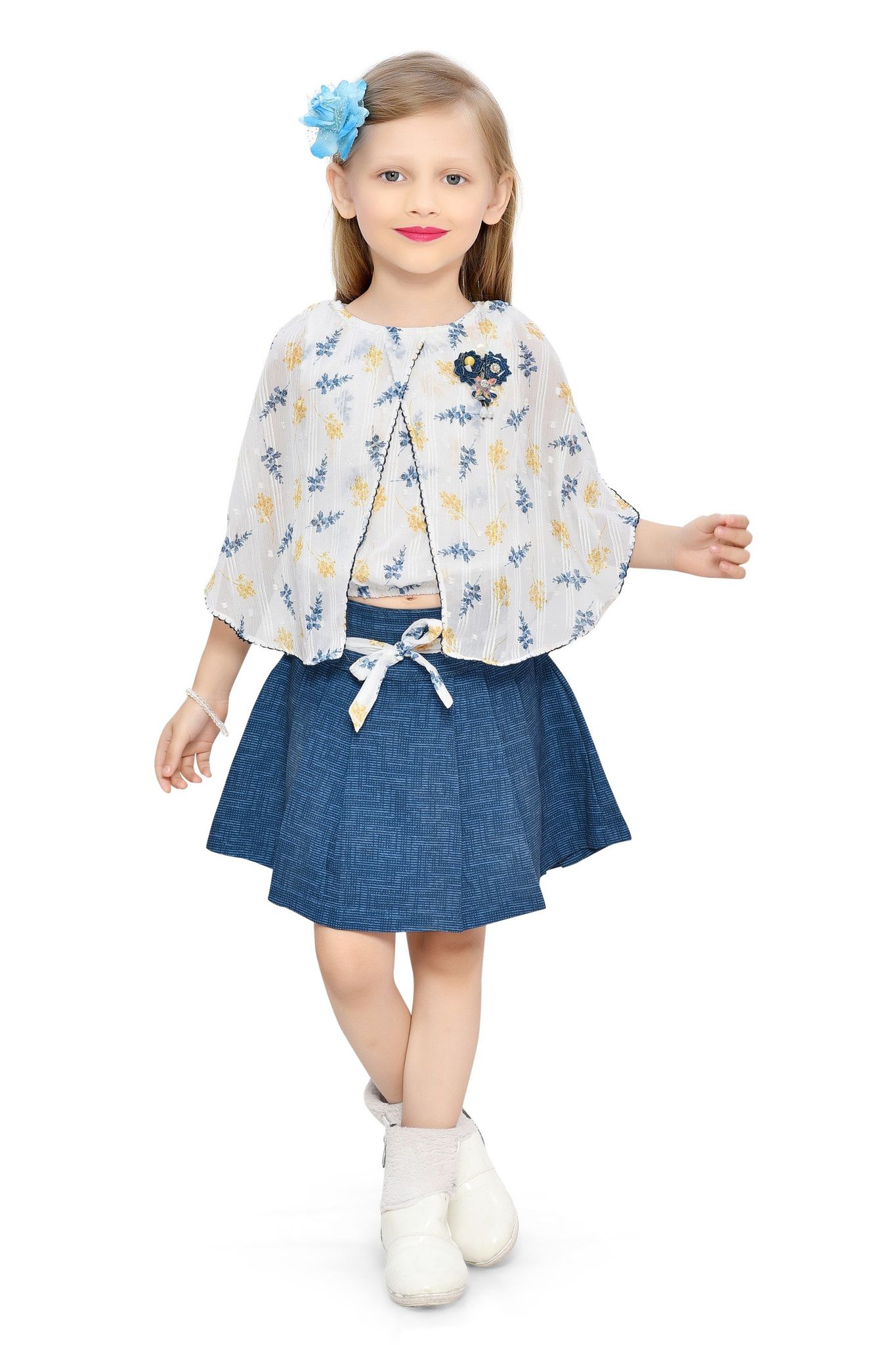 Be:Kids Yellow Blossom Breeze Floral Kimono and Denim Color Skirt Set
