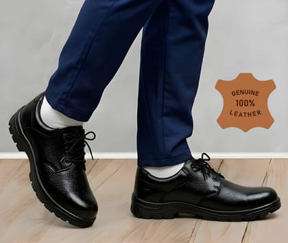 WUGO Mens Black Leather Safety Shoes Steel Toe Industrial Work Shoes Anti-Slip Durable Protective Lace-Up Safety Footwear for Construction Factory and Outdoor Work