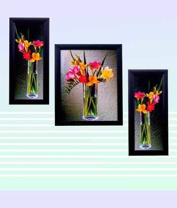 Indianara Synthetic Floral Painting With Frame Without Glass (Set of 3)