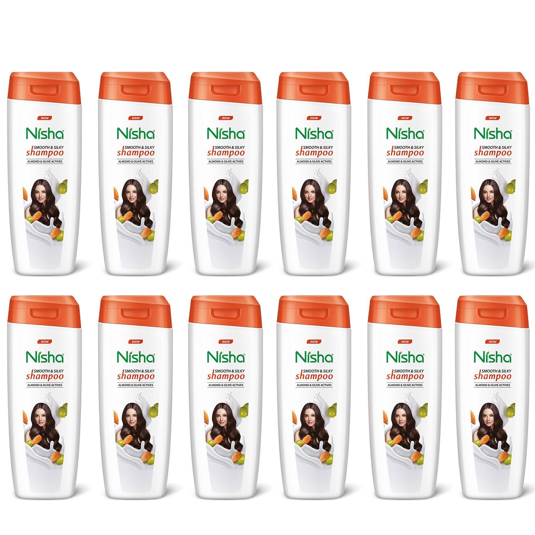 Nisha Smooth & Silky Shampoo for Women Men 75ml Pack of 12, Almond & Olive Actives Shampoo for Naturally Soft Silky Hair