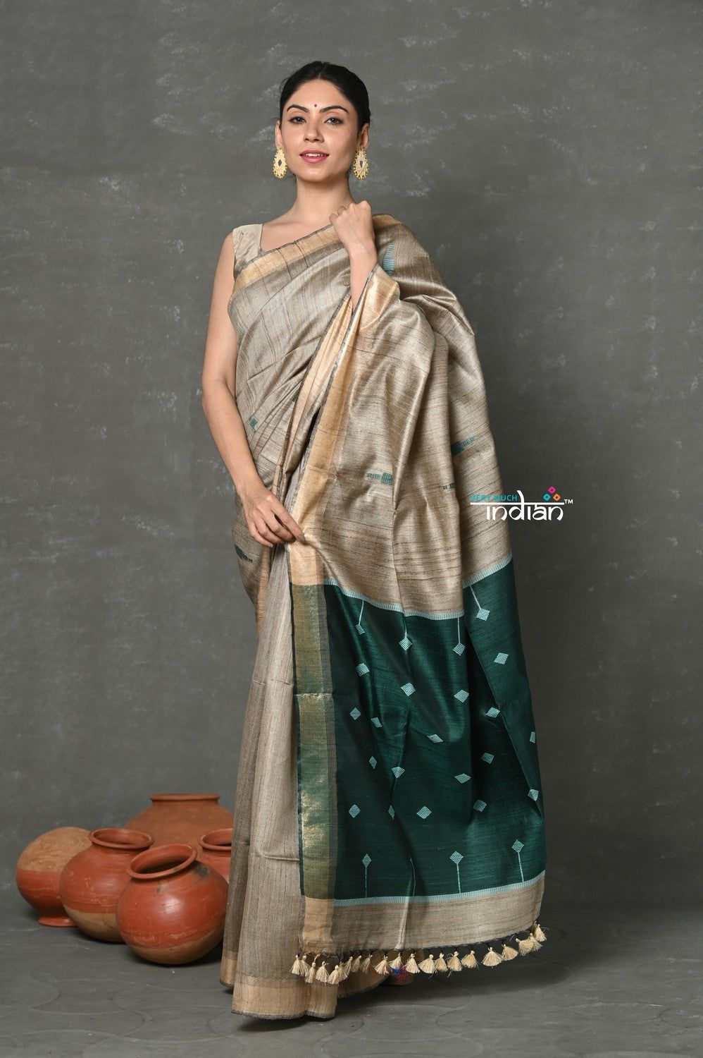 Tyohaar ~ Pure Dupion Silk Saree with Geometric Weave ~ Grey