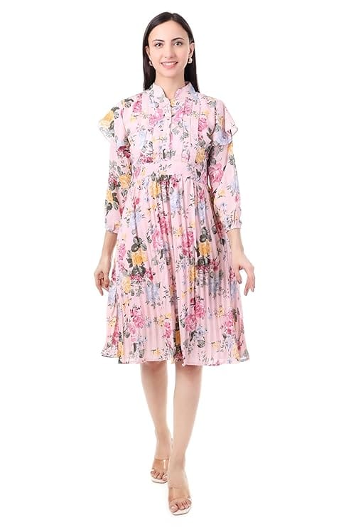 MR ANDERSONS Floral Print Midi Dress with Ruffle Detail and Long Sleeves
