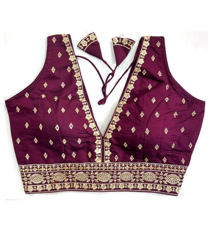 Women's Silk Thread Work V Neck Sleeve Less Readymade Blouse (Wine, Free Size)-PID57733