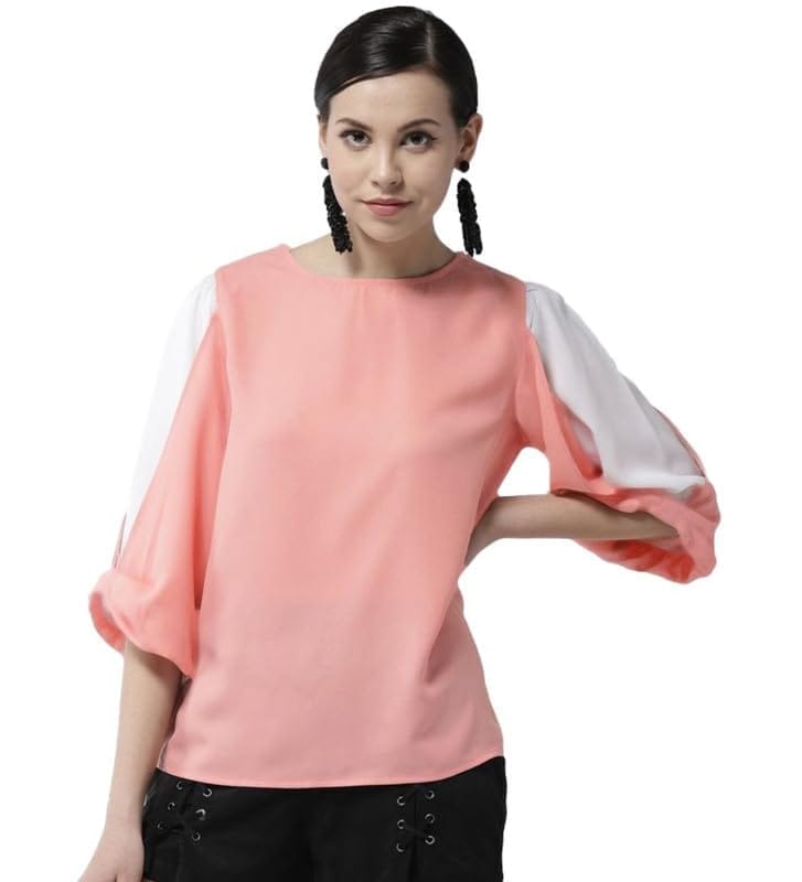 Women's Polyester Colour Block Slit Sleeve Top (Pink, XL)-PID55893