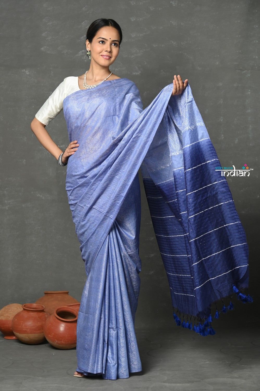 Tyohaar ~ Designer! Cotton Viscose Saree With Sleek Golden Border - Heather Blue
