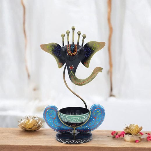 Lord Ganesha Design T-Light Holder - Black & Blue