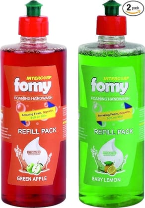 Intercorp Fomy Antibacterial Soft Refreshing Foaming Hand Wash Refill, 500 ml Each (Green Apple & Baby Lemon - Pack of 2)