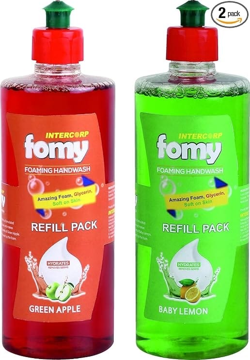 Intercorp Fomy Antibacterial Soft Refreshing Foaming Hand Wash Refill, 500 ml Each (Green Apple & Baby Lemon - Pack of 2)