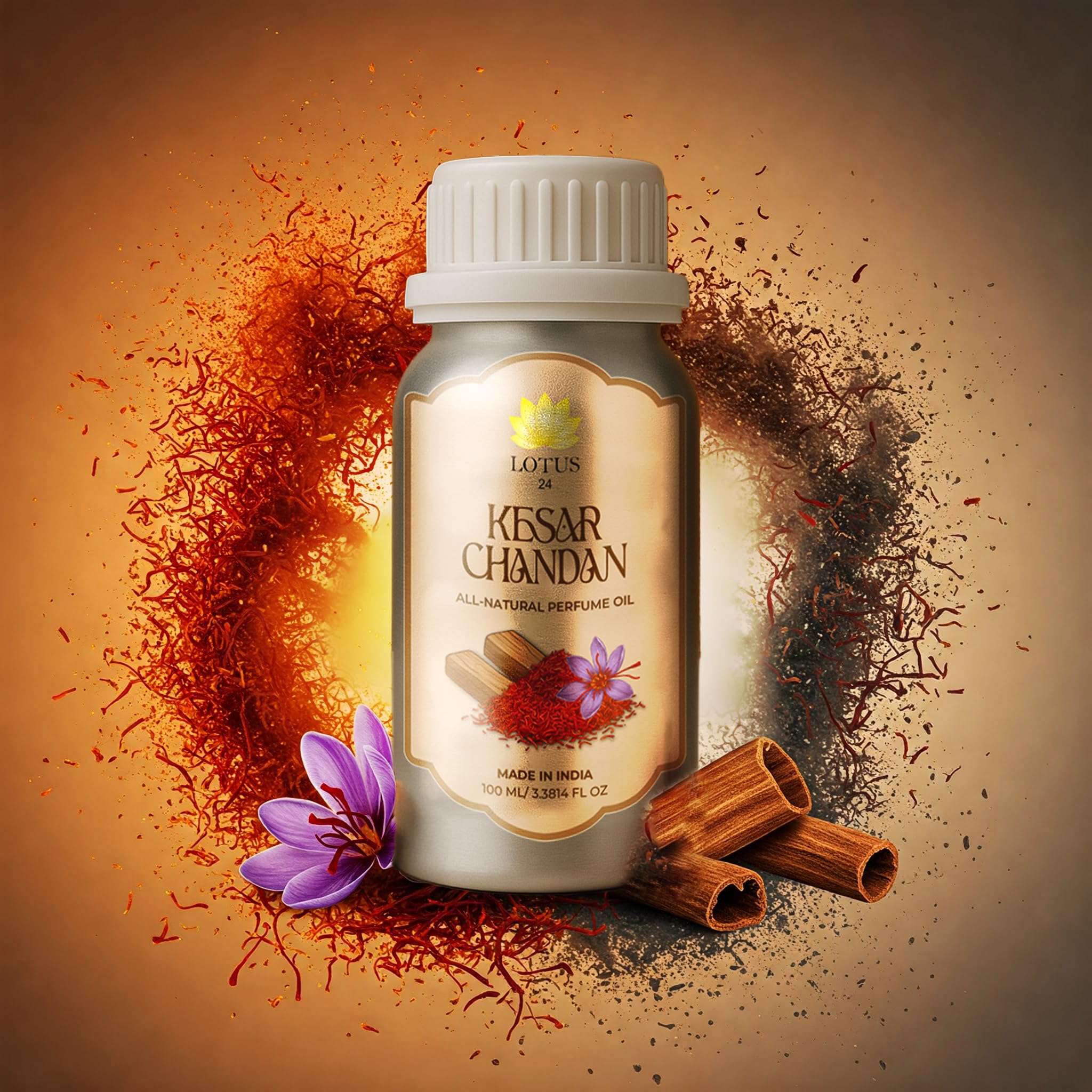 LOTUS24 Kesar Chandan Attar 3.4 fl. oz. (100ml) + Free 0.2 fl. oz. (6ml) | Rich Saffron & Sandalwood Aroma | Long-Lasting Alcohol-Free Perfume Oil