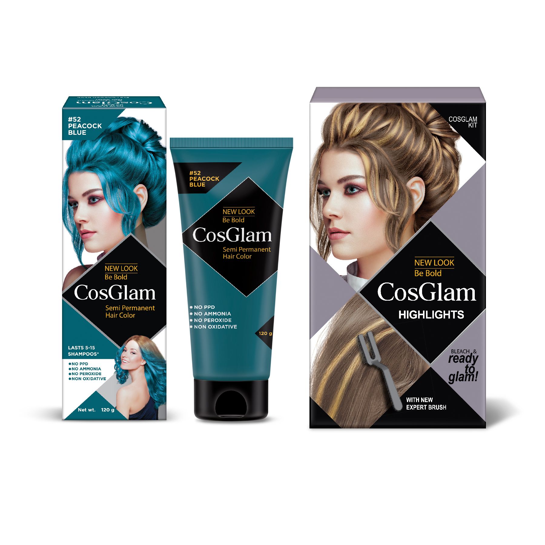COSGLAM Semi Permanent Hair Color Peacock Blue 120g and Hair Highlighter Kit 115g, Highlights Hair Dye
