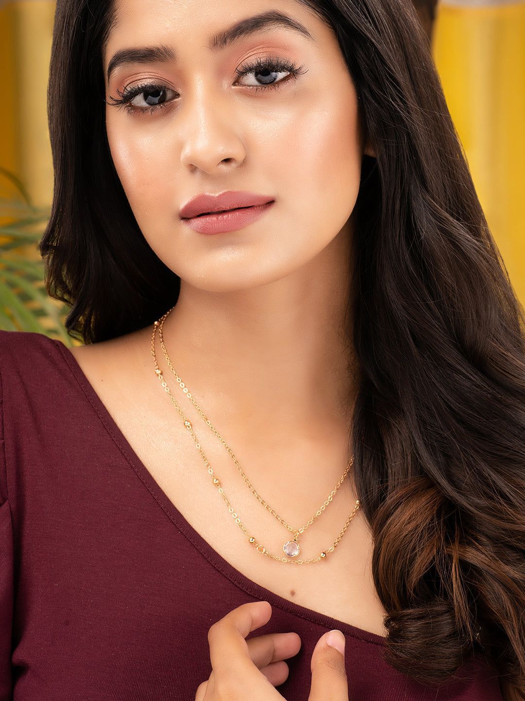 Rose Gold 2 Layered AD Studded Minimal Chain Necklace